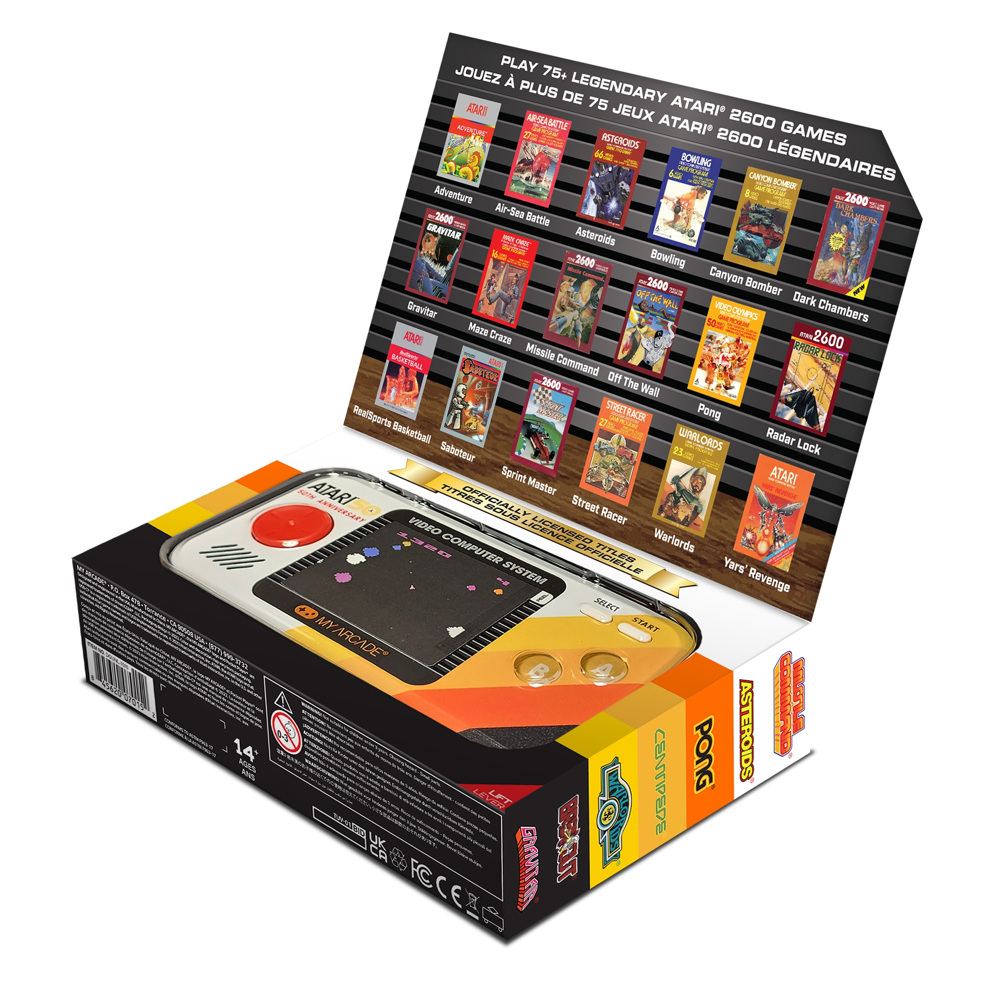 Caja de consola Atari 2600 abierta con cartuchos de juegos retro expuestos.