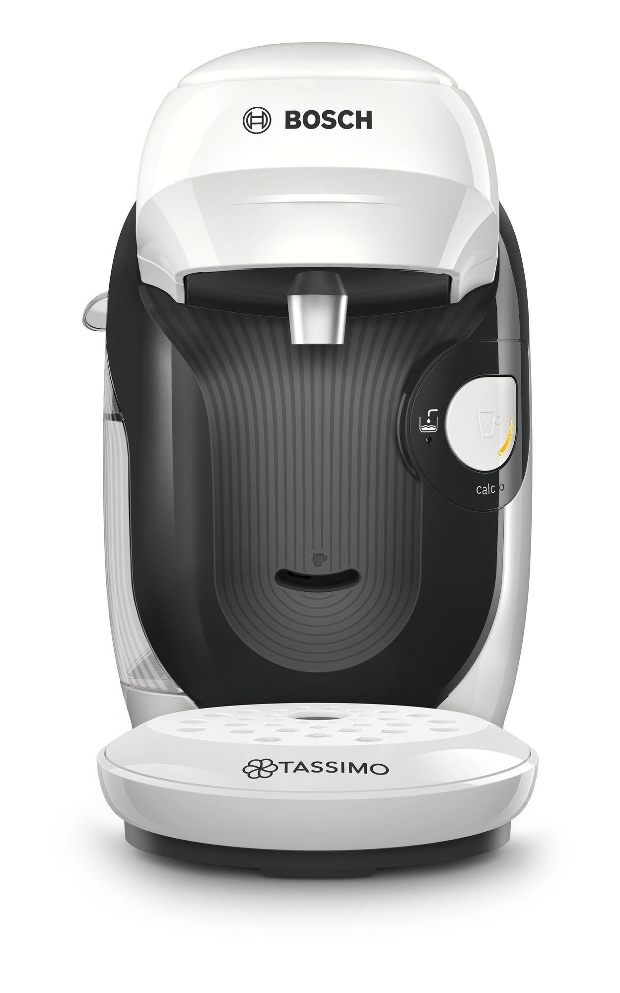 Eine weiß-schwarze Tassimo-Kaffeemaschine. Sie hat einen weißen Deckel, einen schwarzen Körper und einen weißen Sockel.