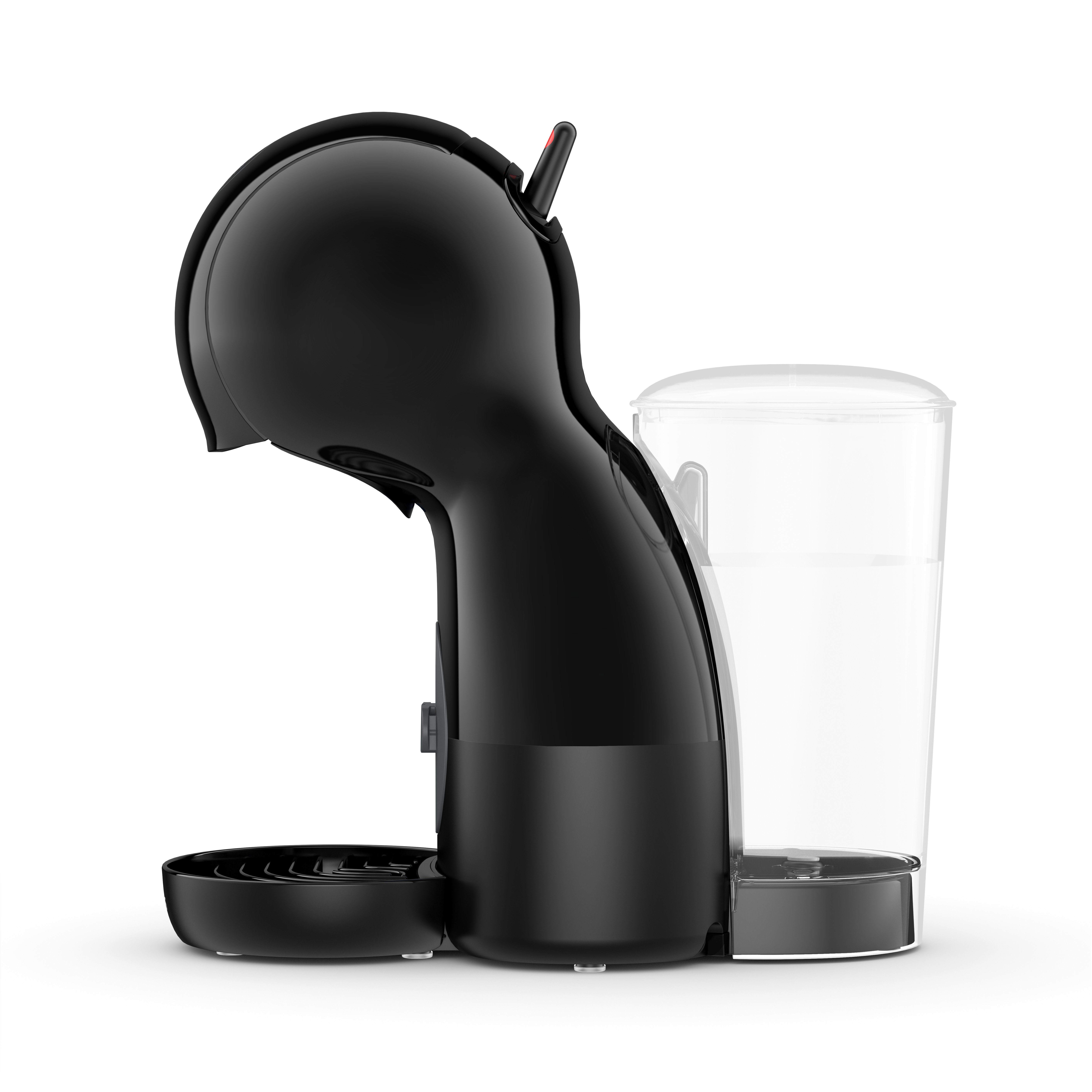Macchina da caffè nera con un contenitore d'acqua trasparente e una base nera. Sfondo bianco.