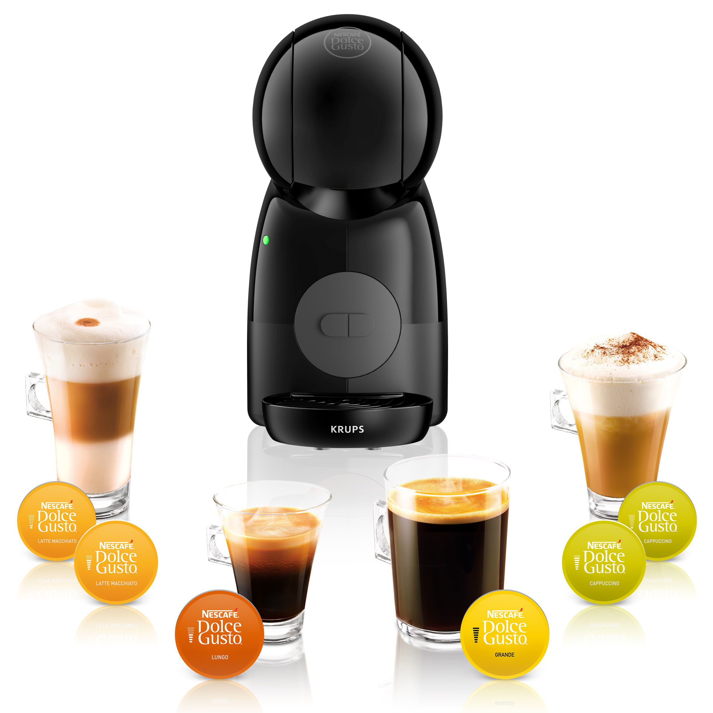 Macchina da caffè nera con caffè, tazze e capsule. Sono visibili vari stili di caffè.