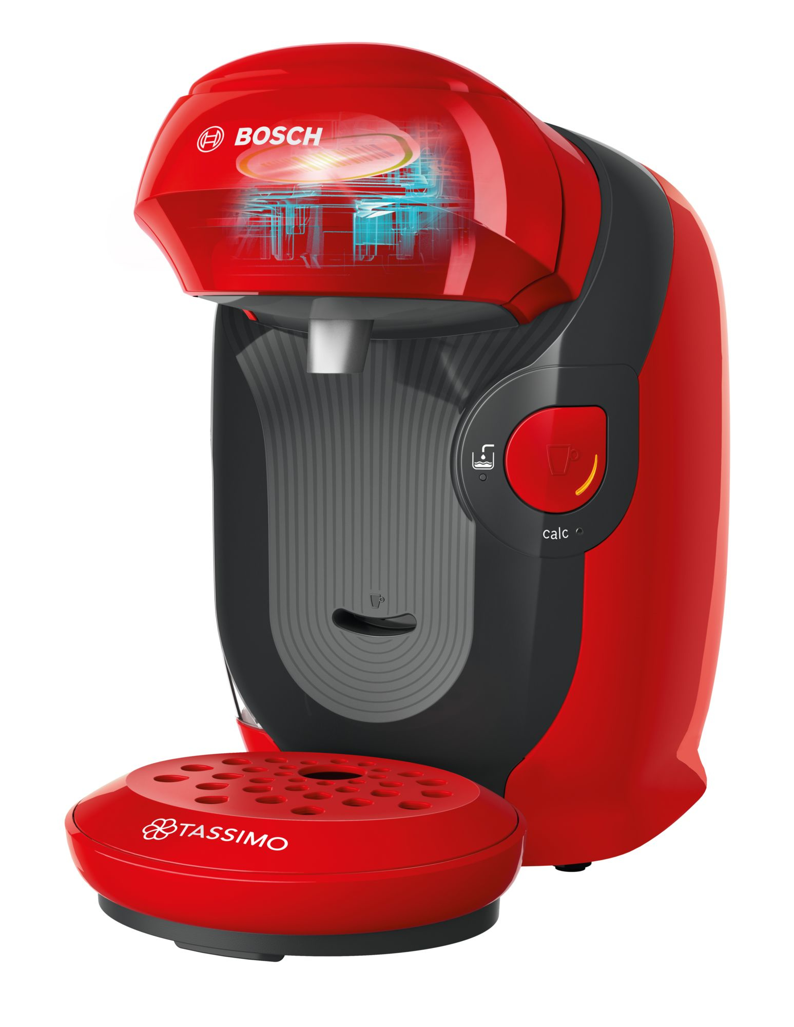 Rote und schwarze Bosch Tassimo Kaffeemaschine, freigestellt auf weißem Hintergrund.
