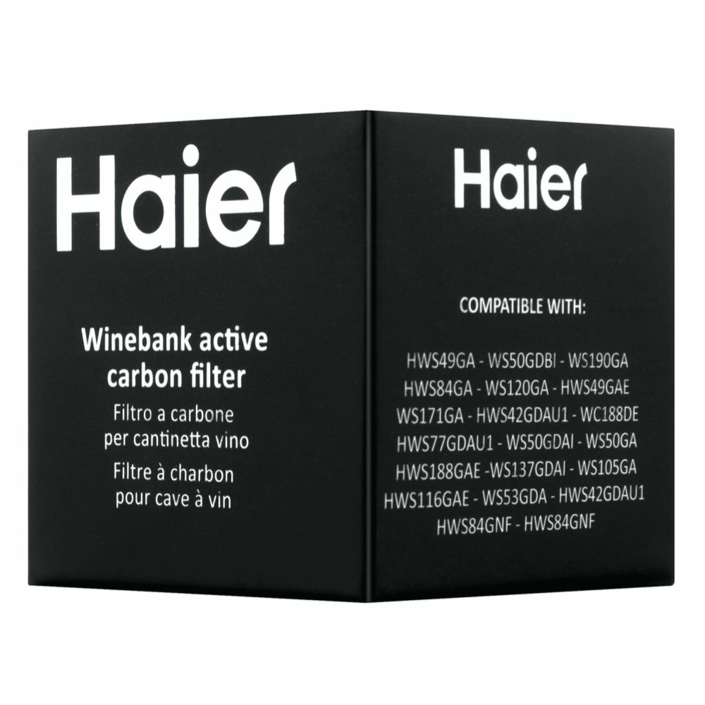 Scatola nera con testo bianco: Haier, filtro Winebank e modelli compatibili elencati.