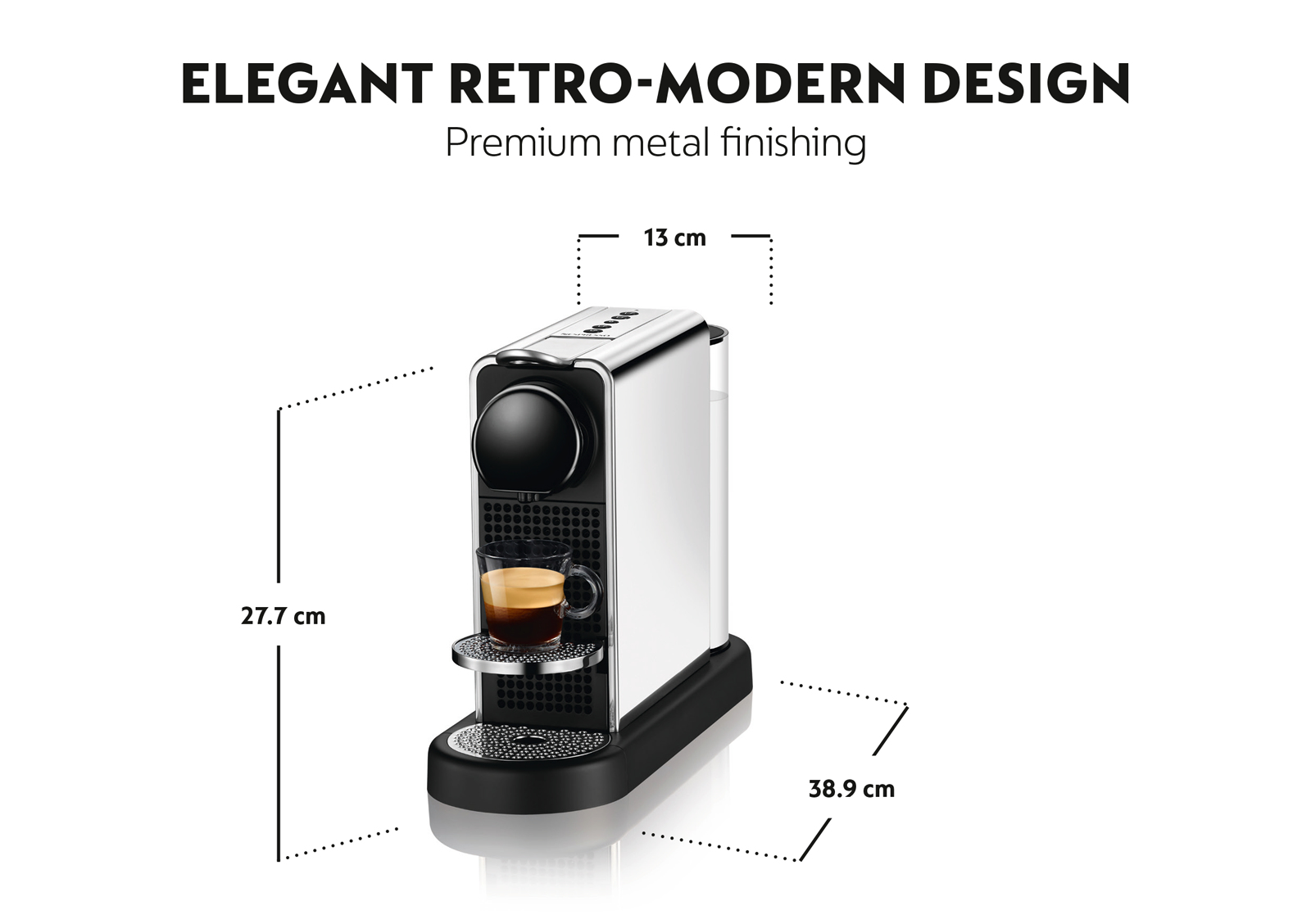 Macchina da caffè Nespresso argentata con base nera. Mostra le dimensioni su sfondo bianco.