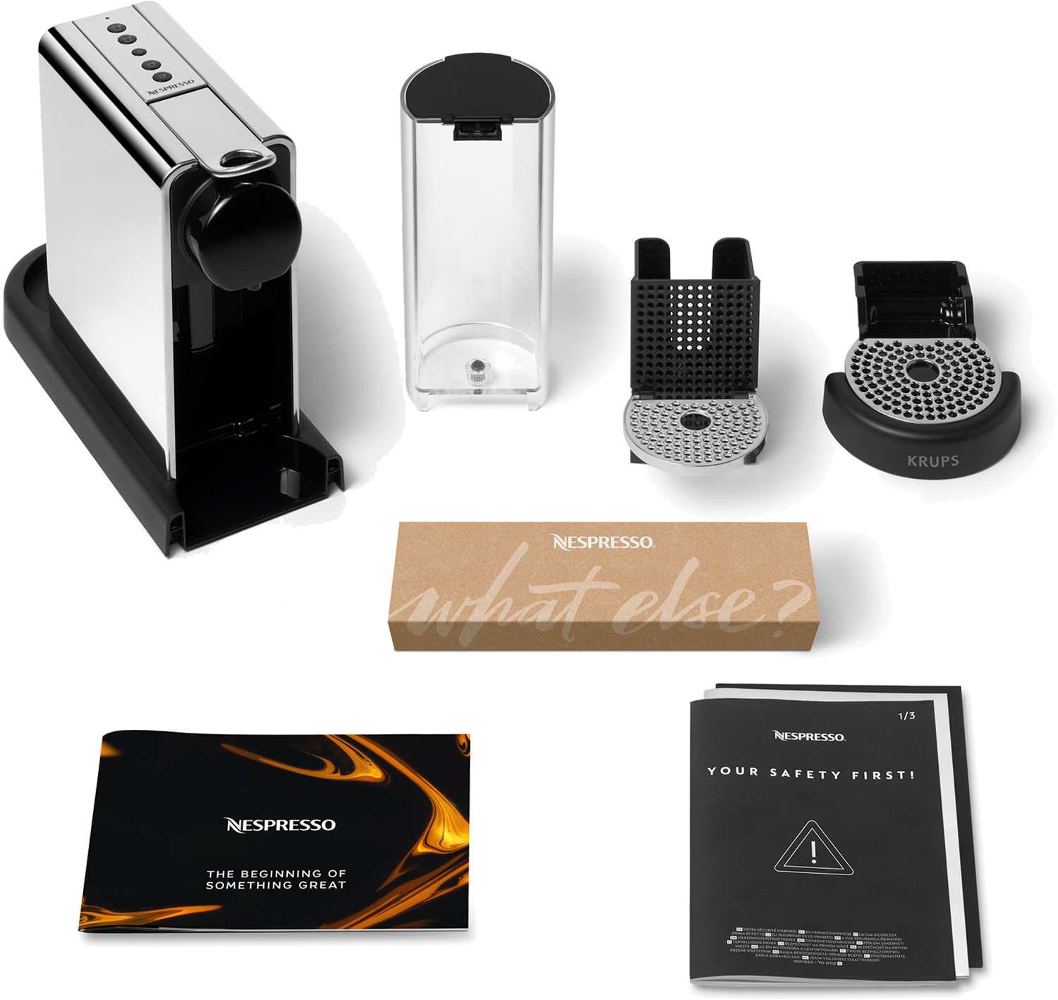 Parti e accessori per macchina da caffè. Include macchina, contenitore acqua e manuali.