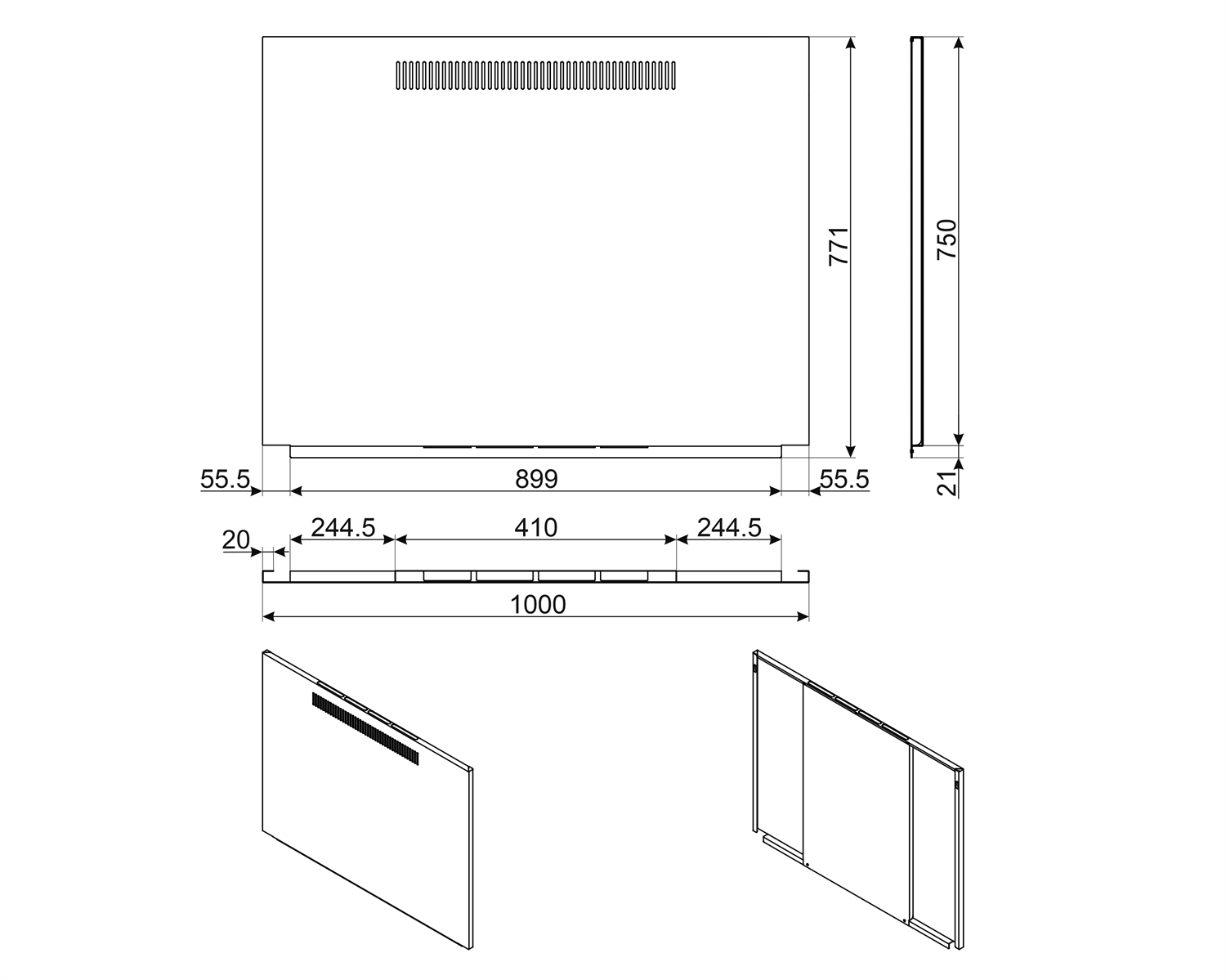 Un dibujo arquitectónico con dimensiones de un panel rectangular con medidas en milímetros.