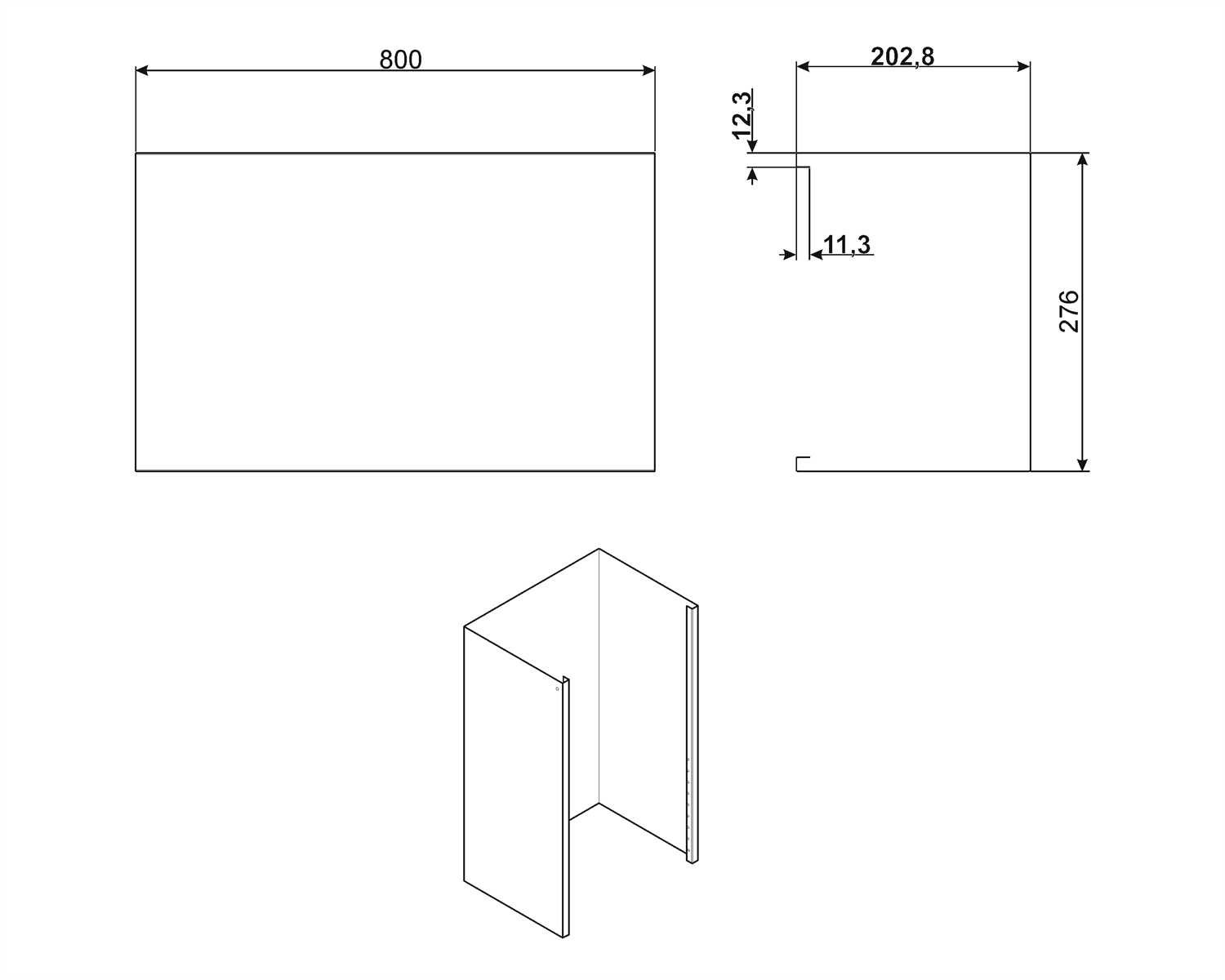Diagrama con dimensiones. Muestra un rectángulo, una vista lateral y una vista 3D de una estructura en forma de U.