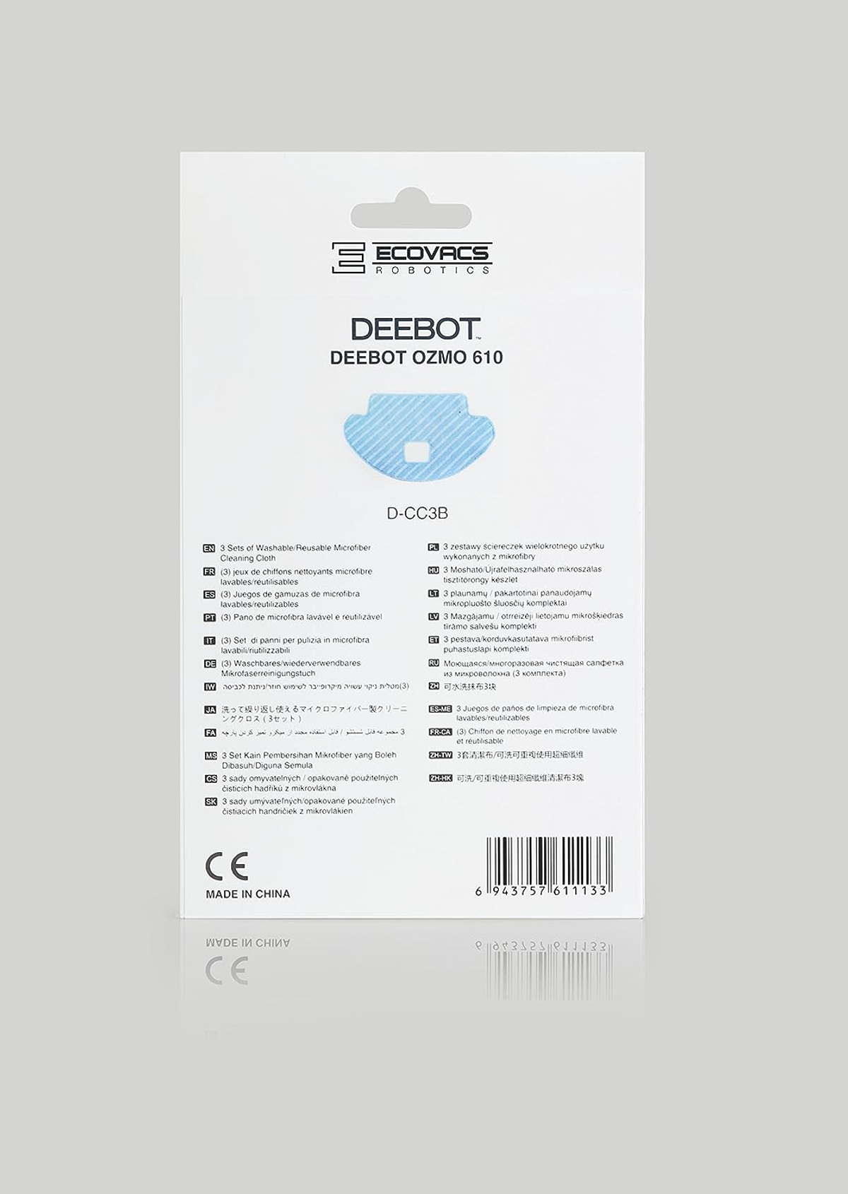 Scatola bianca con testo e immagine del prodotto. L'etichetta riporta 'DEEBOT OZMO 610' e il marchio ECOVACS.