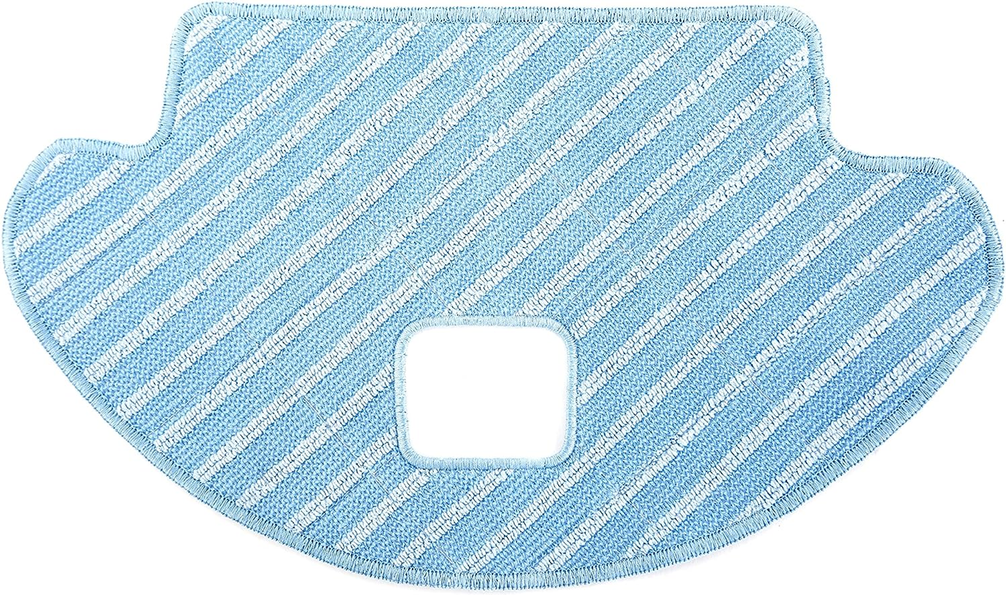 Panno per mocio a righe blu e bianche. Foro rettangolare al centro. Sfondo bianco.