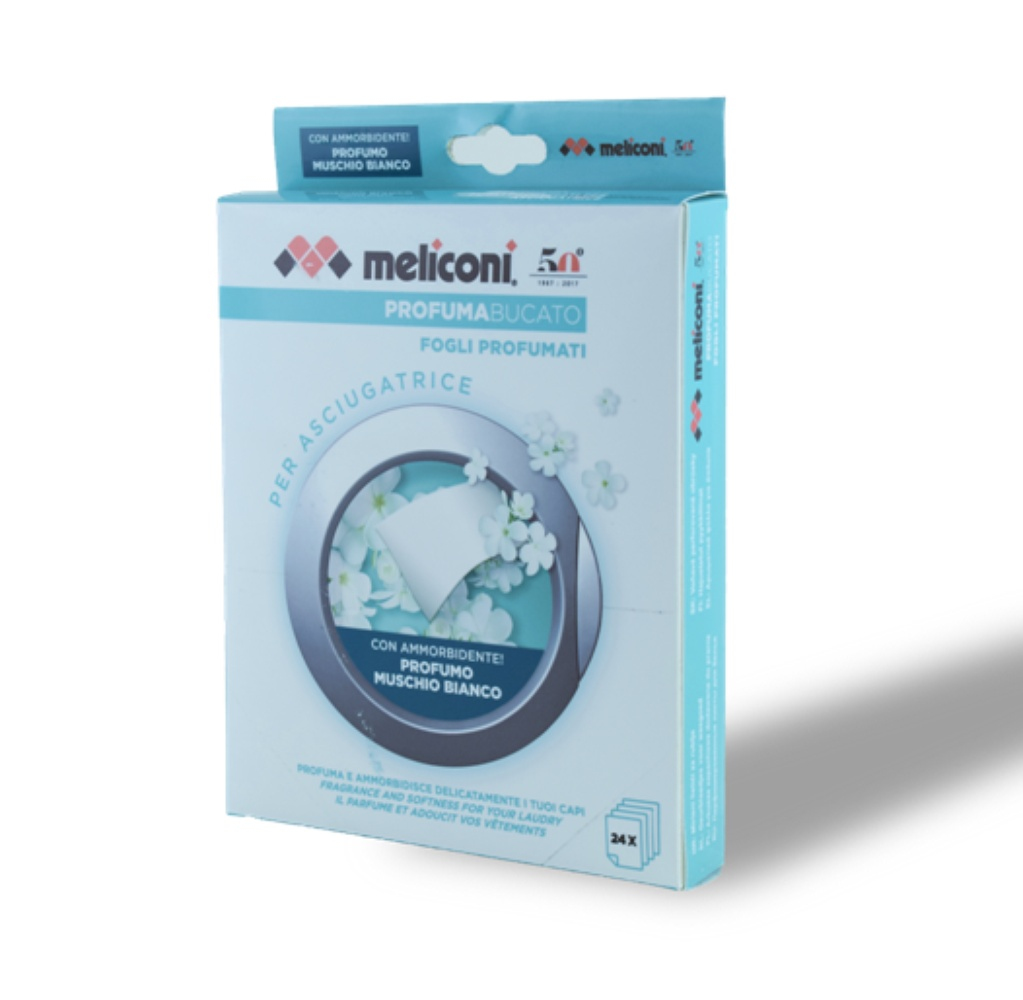 Pudełko chusteczek do suszarki Meliconi. Ma białe tło i białe kwiaty.