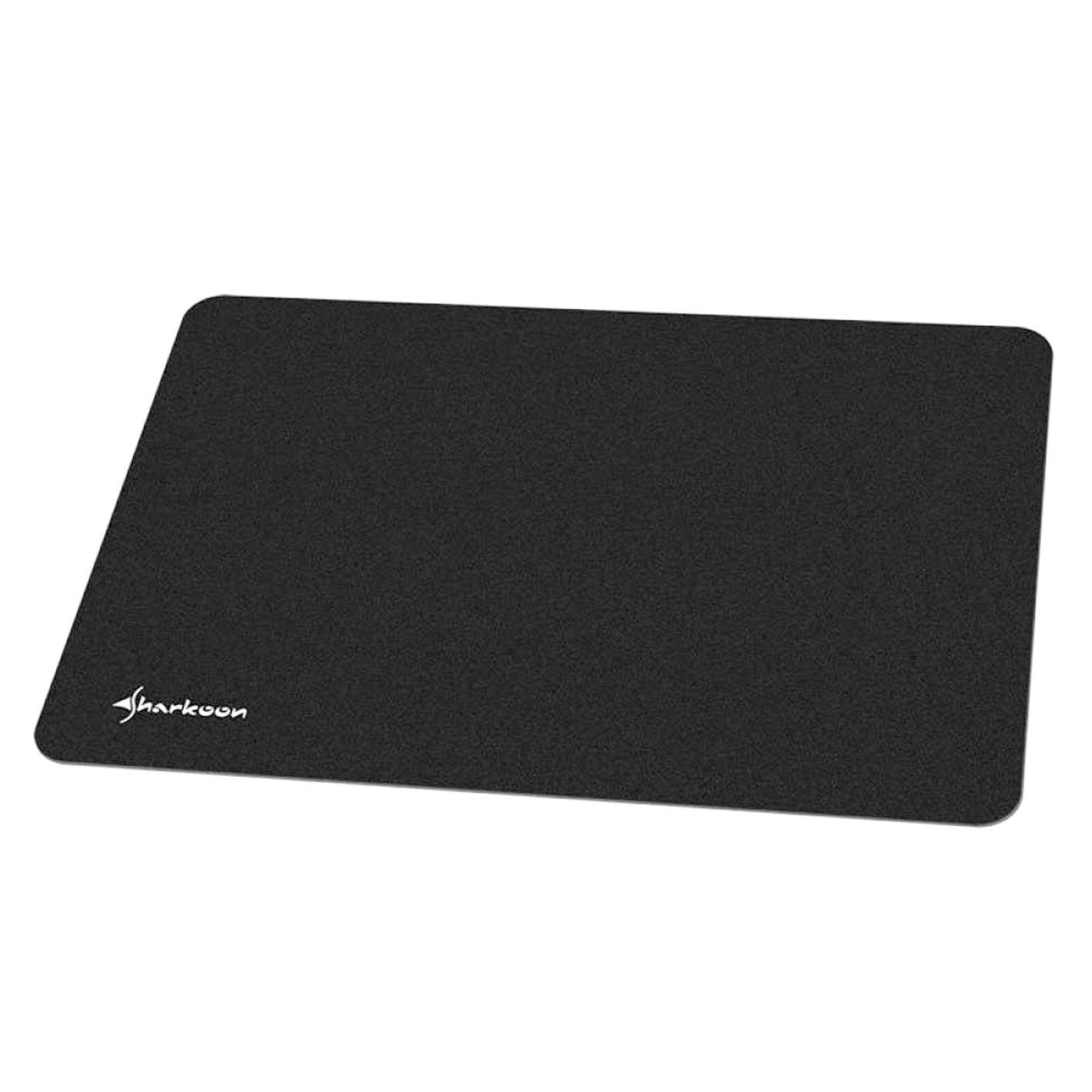 Tappetino per mouse nero con logo Sharkoon bianco. Superficie nera uniforme. Sfondo bianco.