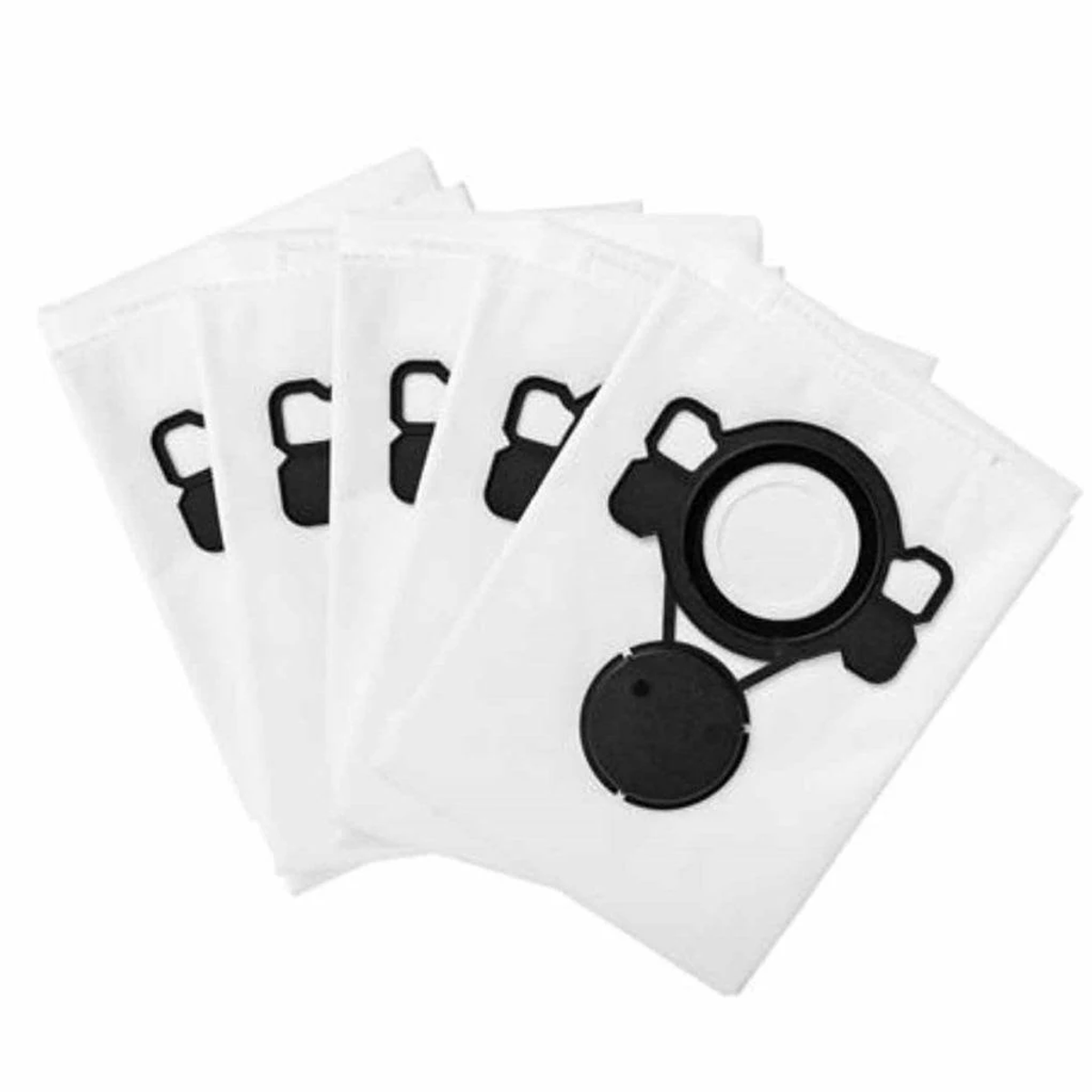 Białe worki do odkurzacza z czarnymi detalami. Worki są ułożone jeden na drugim. Białe tło.