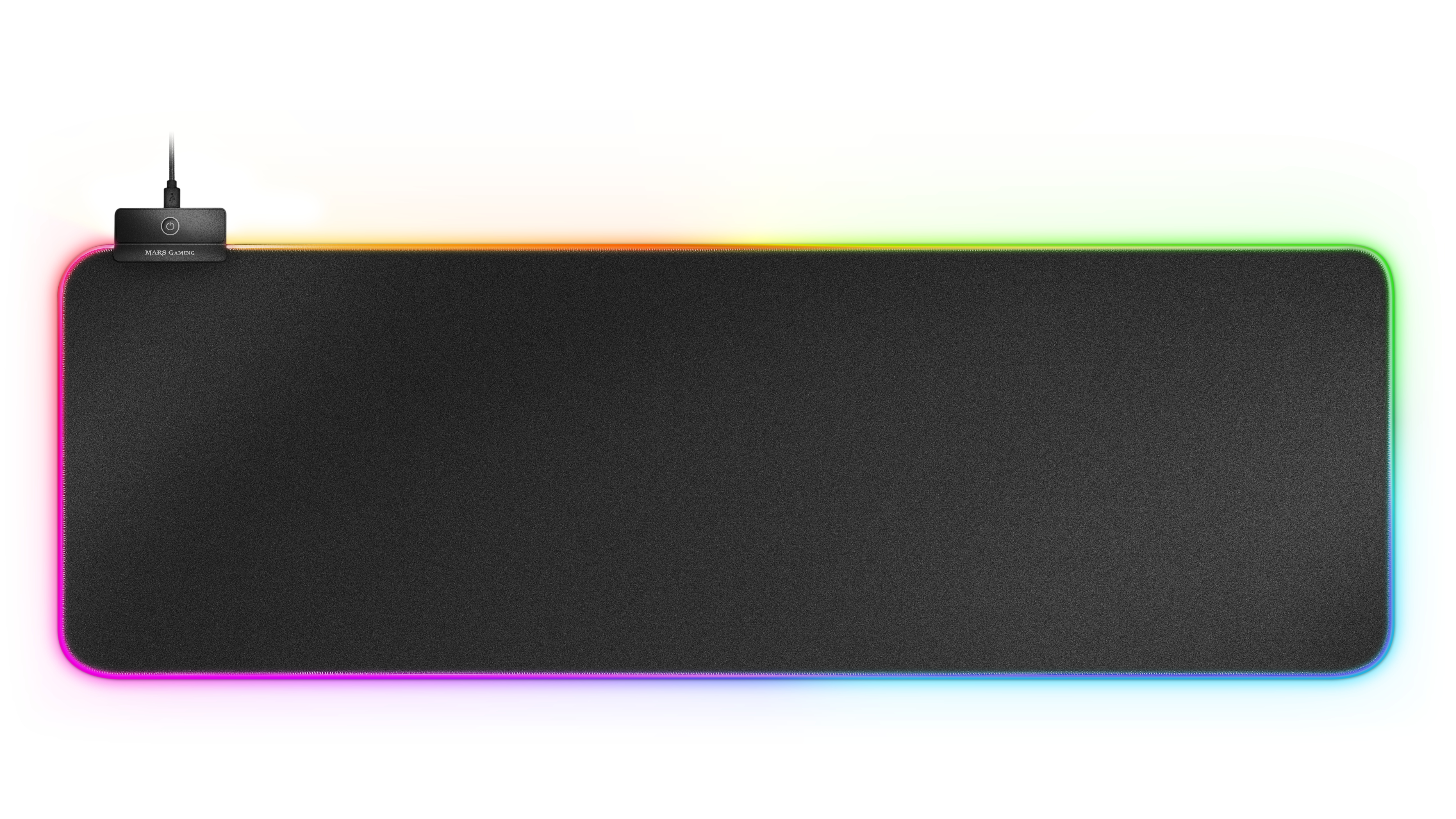 Czarna podkładka pod mysz z tęczową krawędzią. Ma czarną powierzchnię i kontroler.