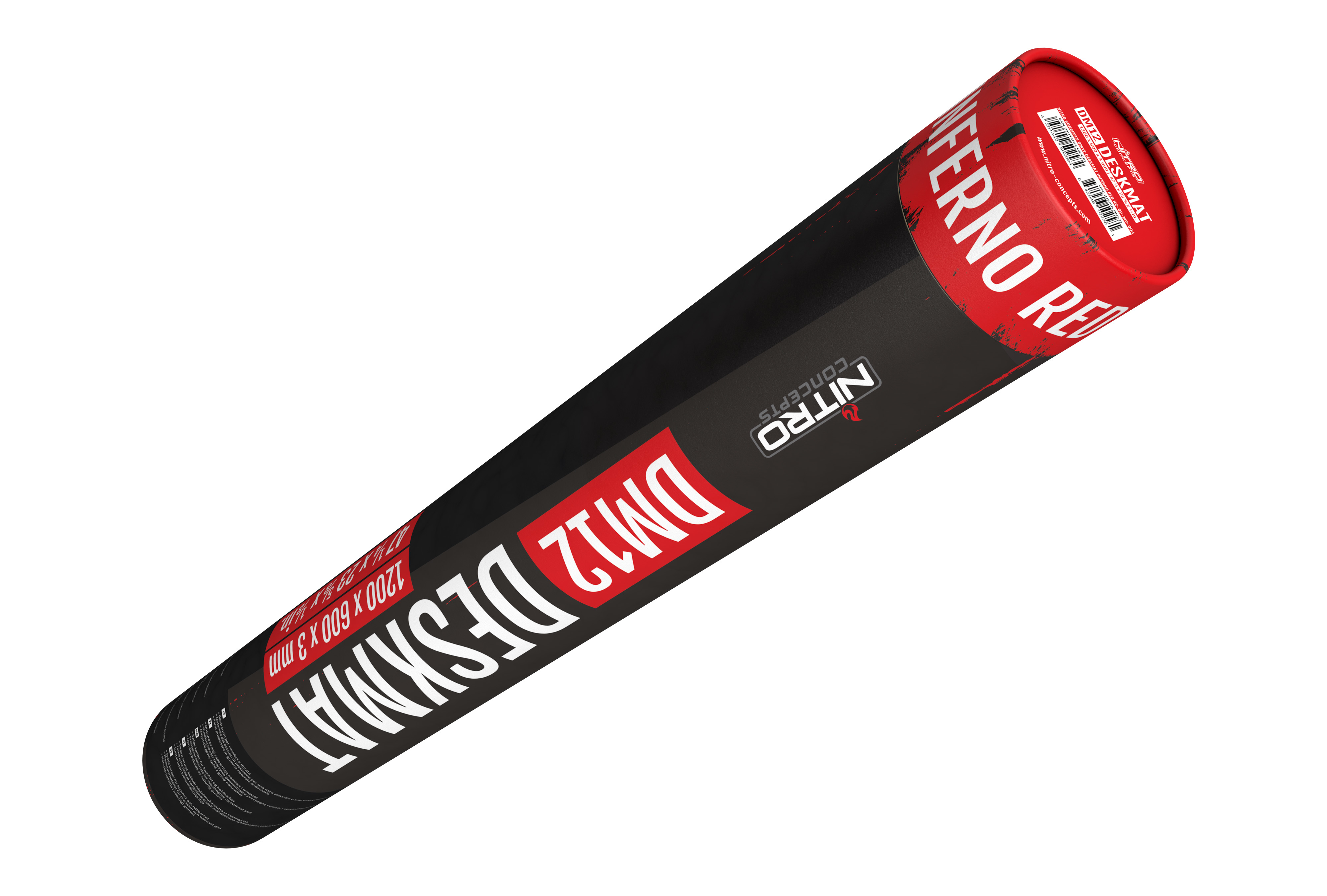 Cylindryczna mata na biurko w czarno-czerwonym opakowaniu. Tekst: DM12 DESKMAT, NITRO CONCEPTS, INFERNO RED.