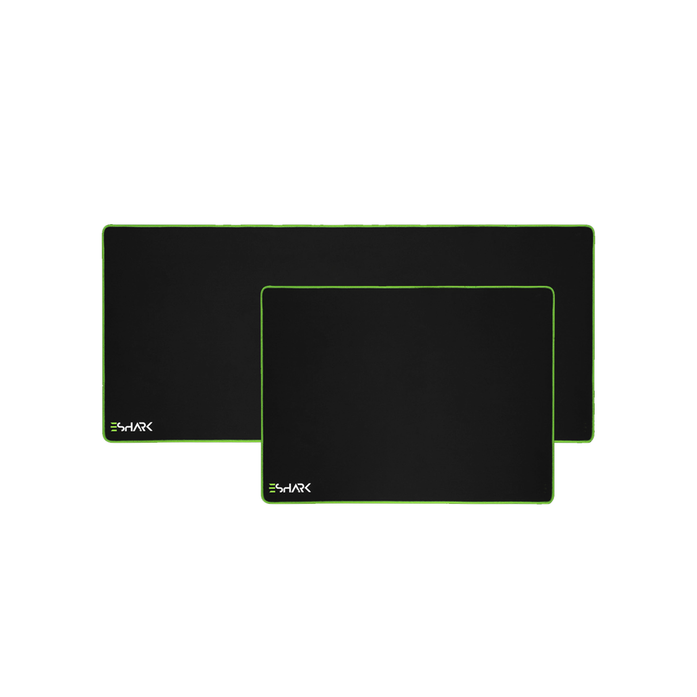 Dwie czarne podkładki pod mysz z zielonymi krawędziami. Jedna jest większa od drugiej.