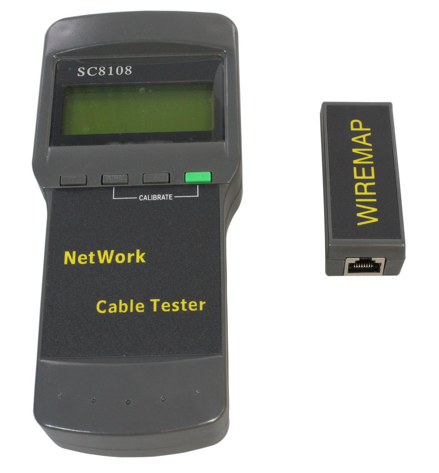 Tester per cavi di rete e un dispositivo 'Wiremap' separato. Di colore nero e grigio.