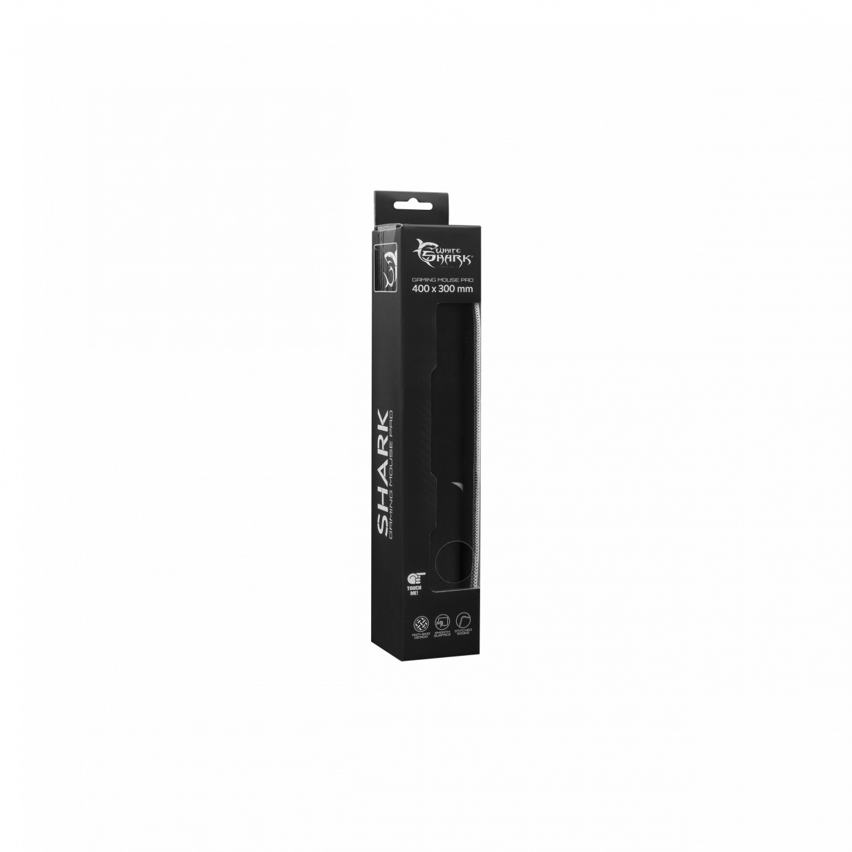 Czarne pudełko z podkładką pod mysz dla graczy w środku, z tekstem i grafiką na pudełku.