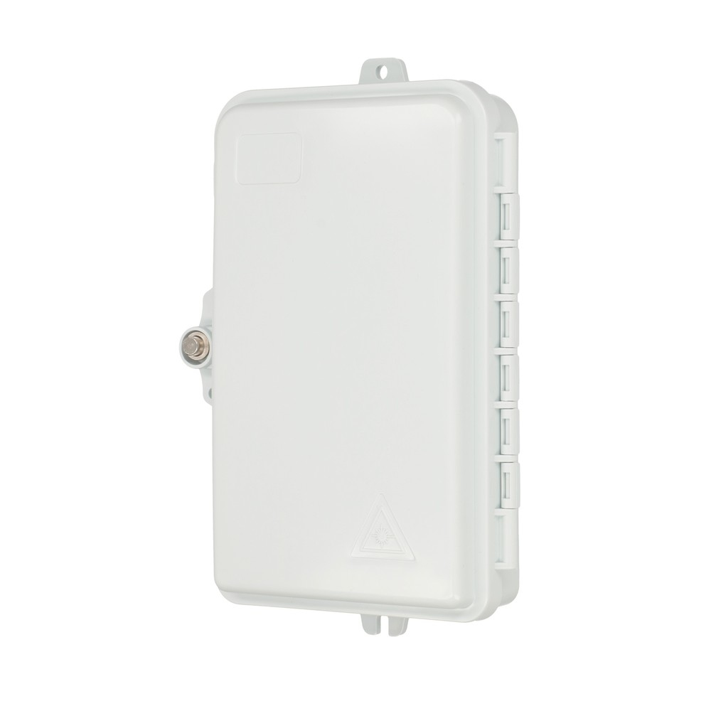 Białe prostokątne pudełko z drzwiami i zamkiem. Zawiera logo trójkąta.