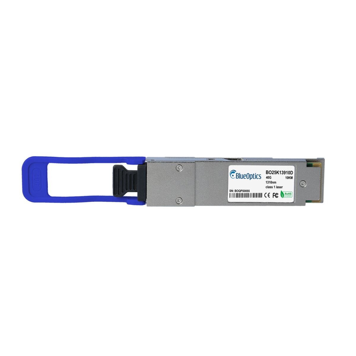Srebrny i niebieski transceiver SFP+ BlueOptics. Niebieski uchwyt, srebrny korpus, komponent techniczny.