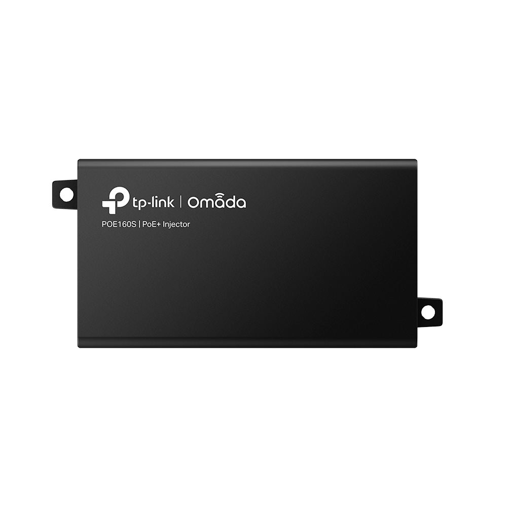 Iniettore PoE+ Omada TP-Link nero con etichetta, due fori di montaggio e testo bianco.