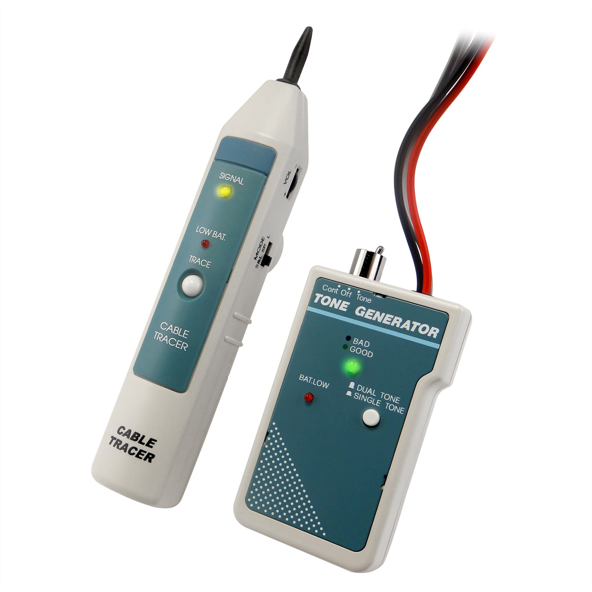 Urządzenie do śledzenia kabli z generatorem tonów. Tracker jest biało-niebieski, generator biało-turkusowy.