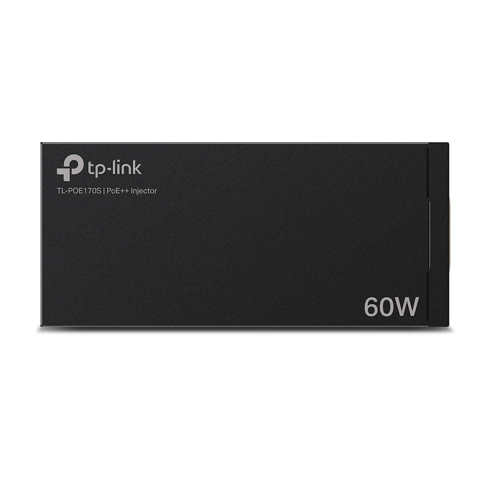 Zwart, rechthoekig apparaat met een 'tp-link'-logo en '60W' erop gedrukt. Het heeft een TL-POE170S-label.