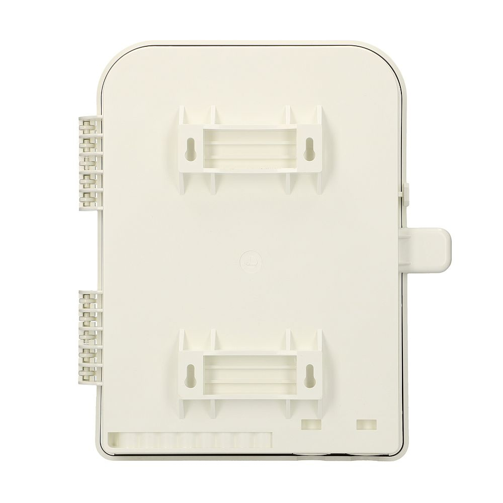 Białe prostokątne pudełko z wycięciami, uchwytem i wspornikami montażowymi z tyłu.