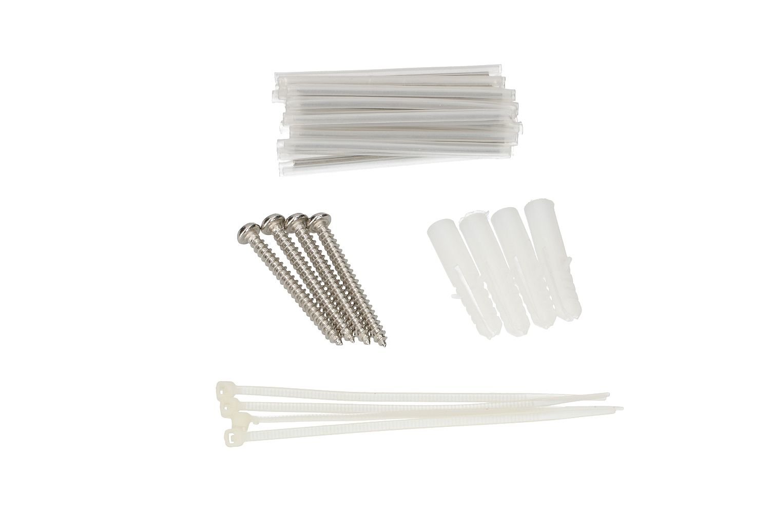 Zbiór przedmiotów, w tym opaski kablowe, śruby i plastikowe rurki na białym tle.