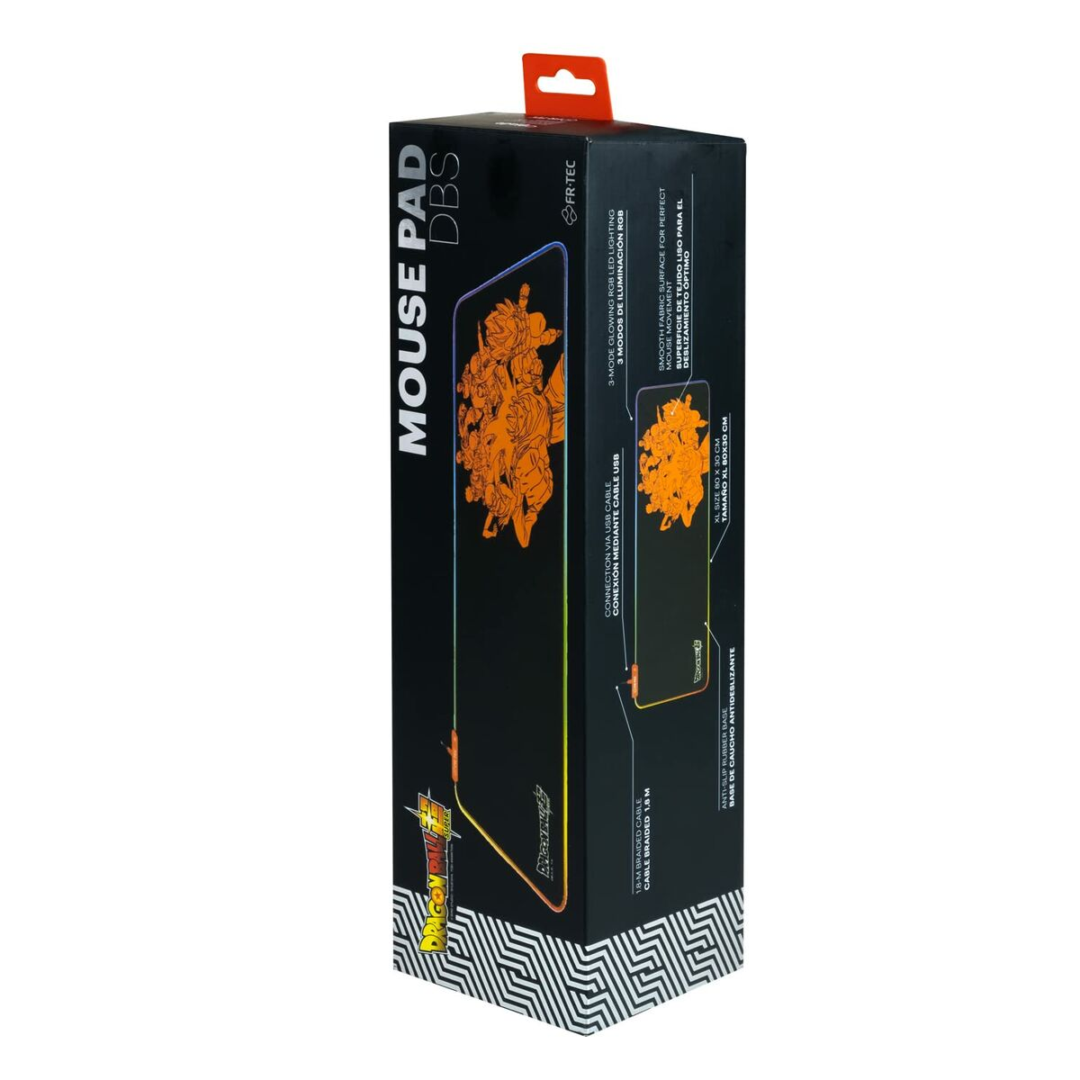 Pudełko z podkładką pod mysz z grafiką Dragon Ball Z, czarnym tłem i tekstem.