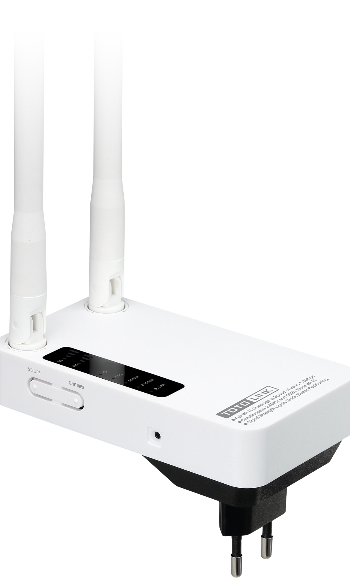 Biały wzmacniacz WiFi z dwiema antenami i wtyczką.