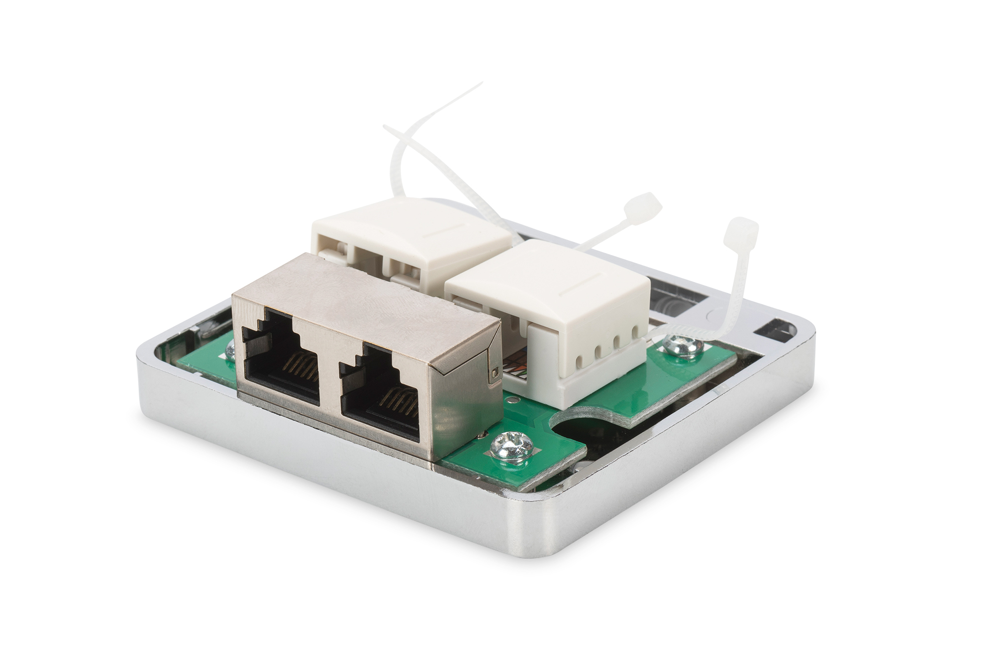 Srebrne i białe złącze sieciowe z dwoma portami, zielona płytka obwodu.