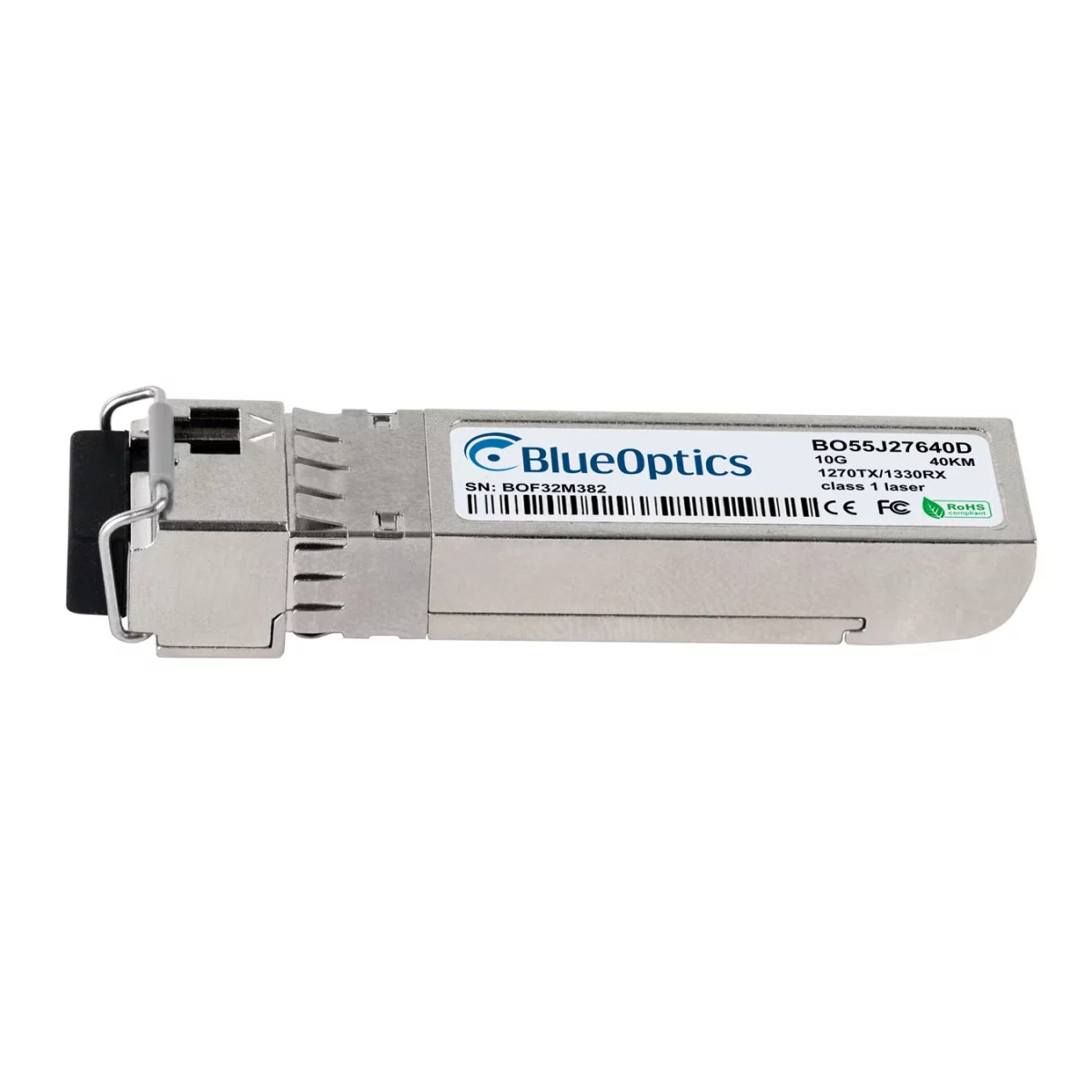 Ein silbernes BlueOptics SFP-Transceiver-Modul mit Text und Etiketten.