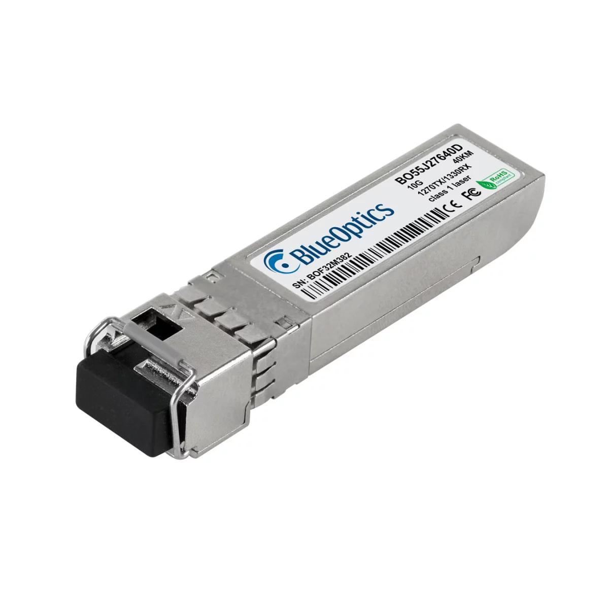 Silberner SFP-Transceiver mit schwarzem Zuglasche und BlueOptics-Logo.