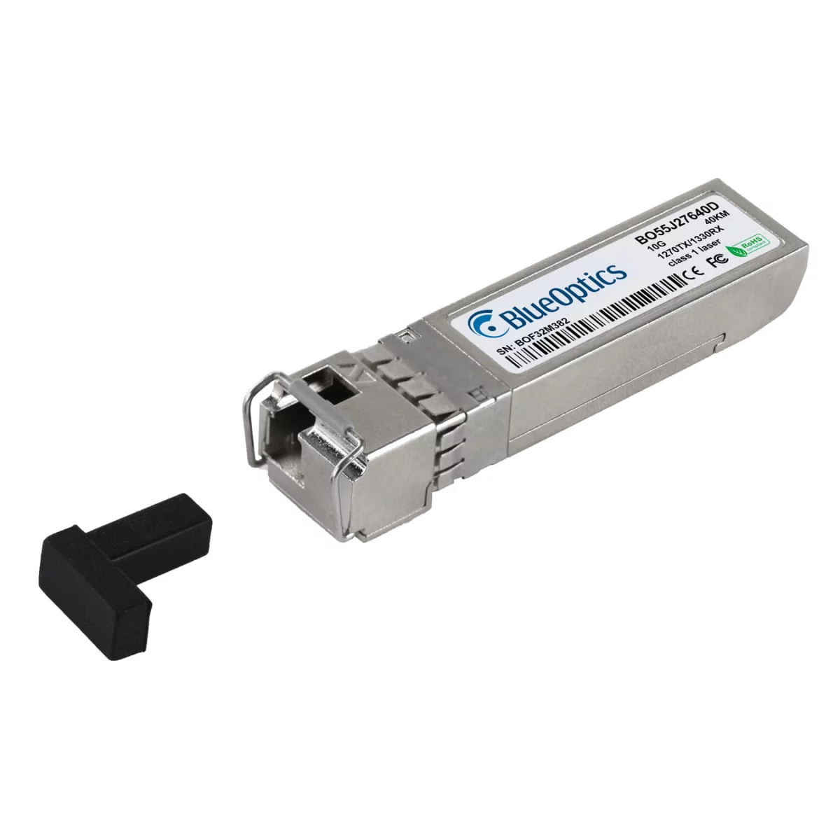 Ein silbernes BlueOptics SFP-Transceiver-Modul mit einem abgenommenen schwarzen Stecker.