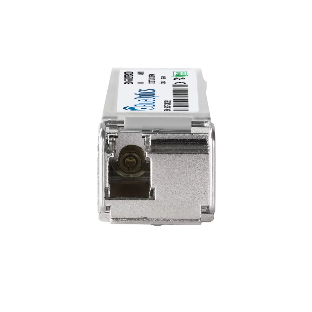 Nahaufnahme des SFP-Transceiver-Endes, Anschluss und Metallgehäuse.