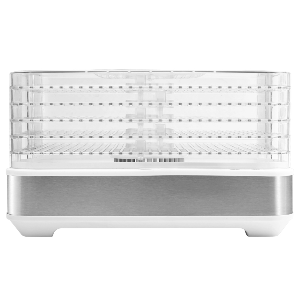 Un deshidratador de alimentos blanco con múltiples bandejas transparentes y una base plateada.