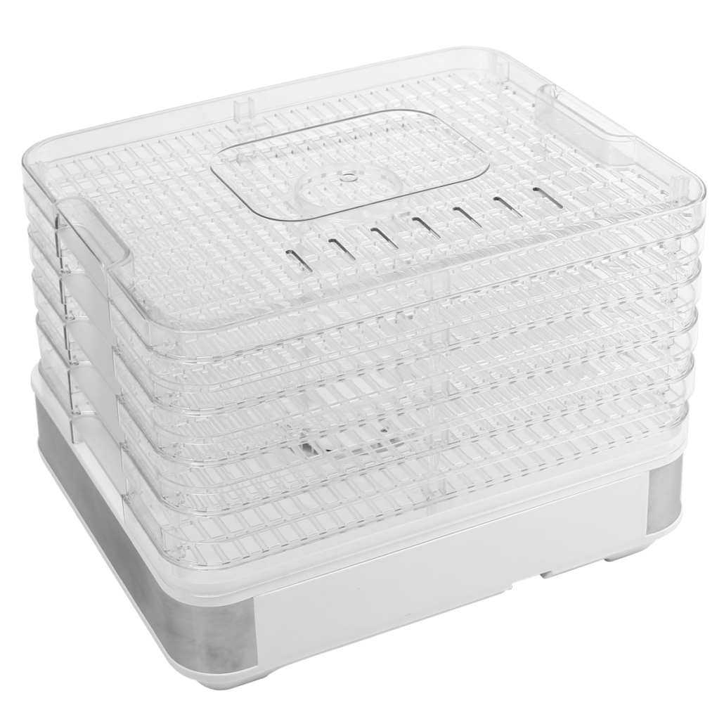 Un deshidratador de alimentos de plástico transparente con varias bandejas apiladas en una base blanca.
