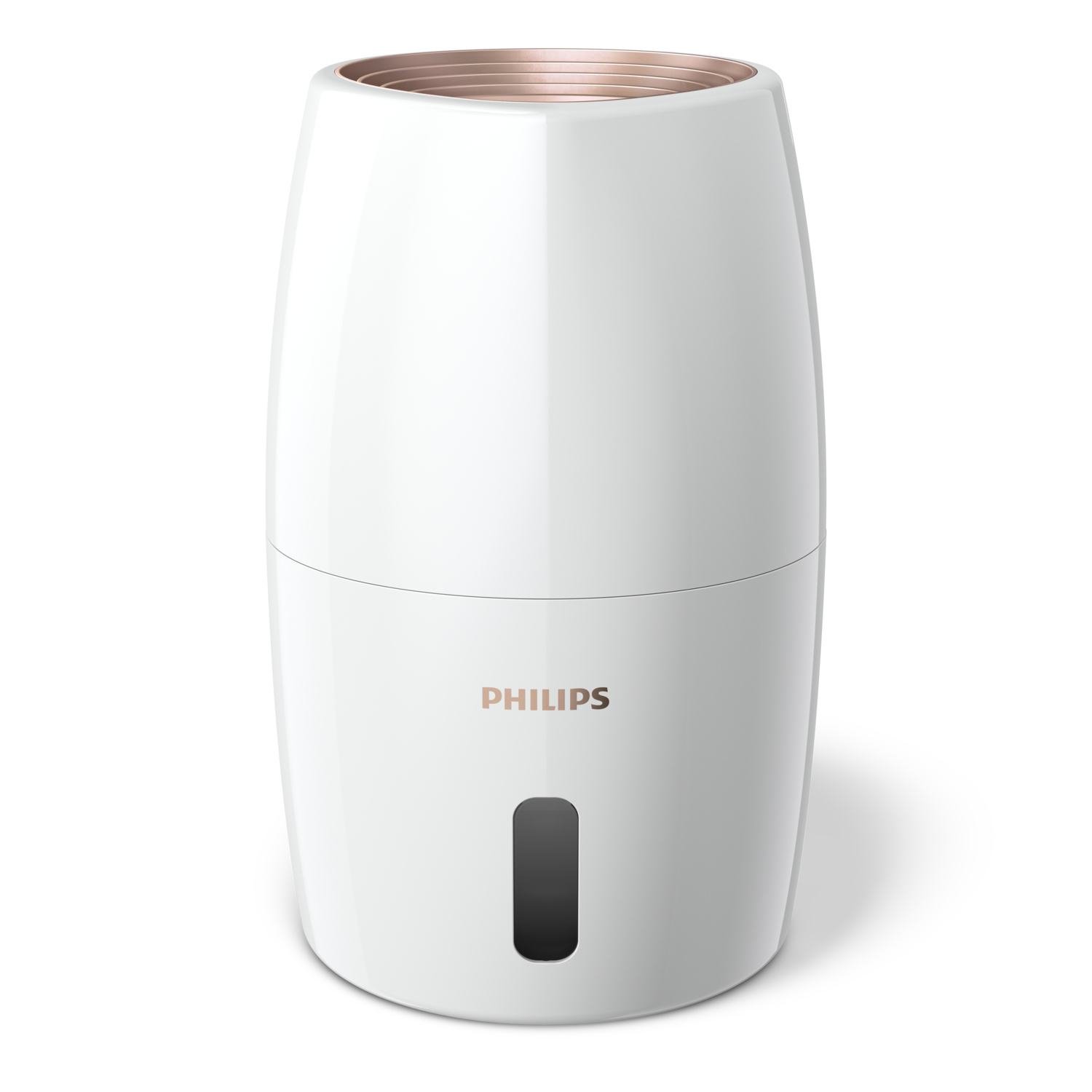 Biały nawilżacz powietrza Philips o cylindrycznym kształcie i złotym obramowaniu.