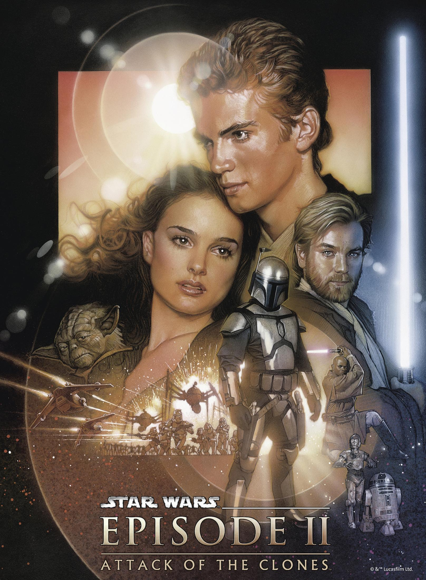 Filmplakat von Star Wars Episode II. Anakin, Padme, Obi-Wan und Yoda sind sichtbar. Dunkler Hintergrund.