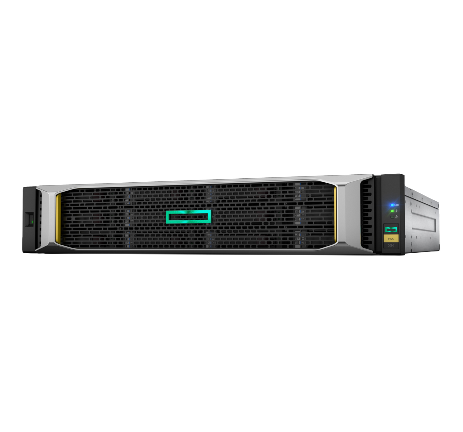 Servereinheit mit schwarzer Gitterfront und grünem HPE-Logo. Die Seiten sind silberfarben.