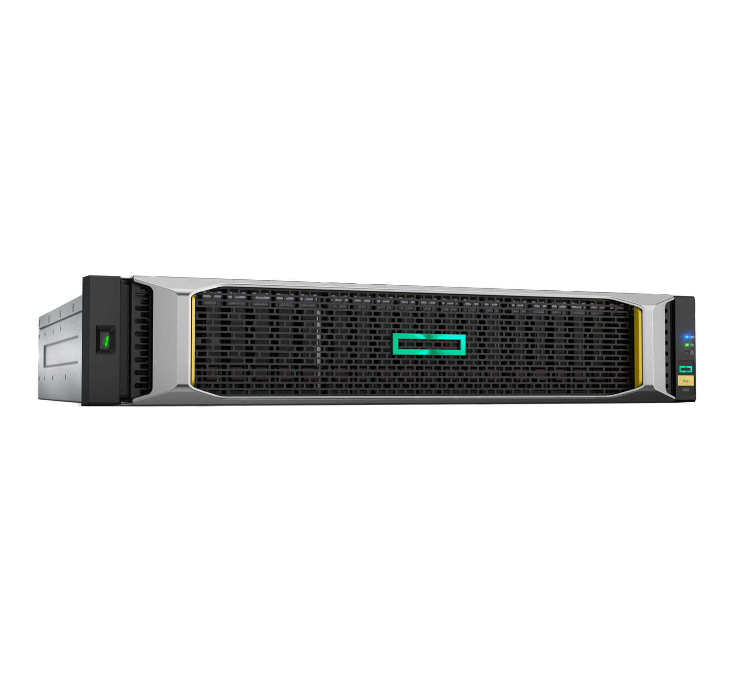 Servereinheit mit schwarzer Gitterfront und grünem HPE-Logo. Die Seiten sind schwarz.