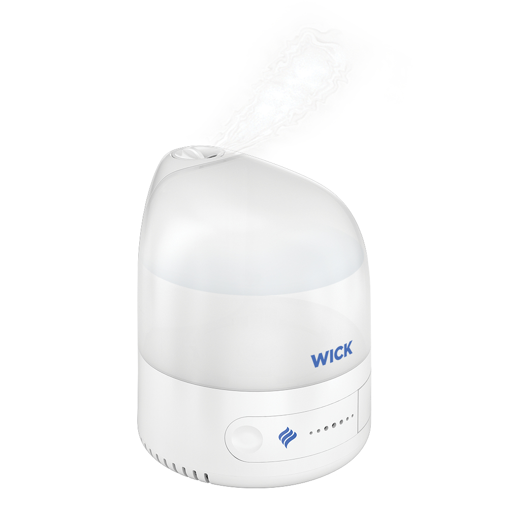 Umidificatore bianco e grigio con getto di vapore e logo WICK blu.