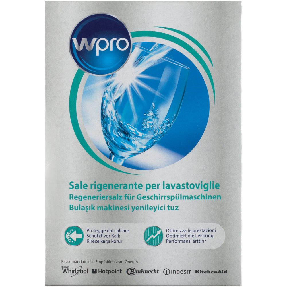 Wpro Geschirrspülersalzbox, blau und weiß, mit Text in mehreren Sprachen.