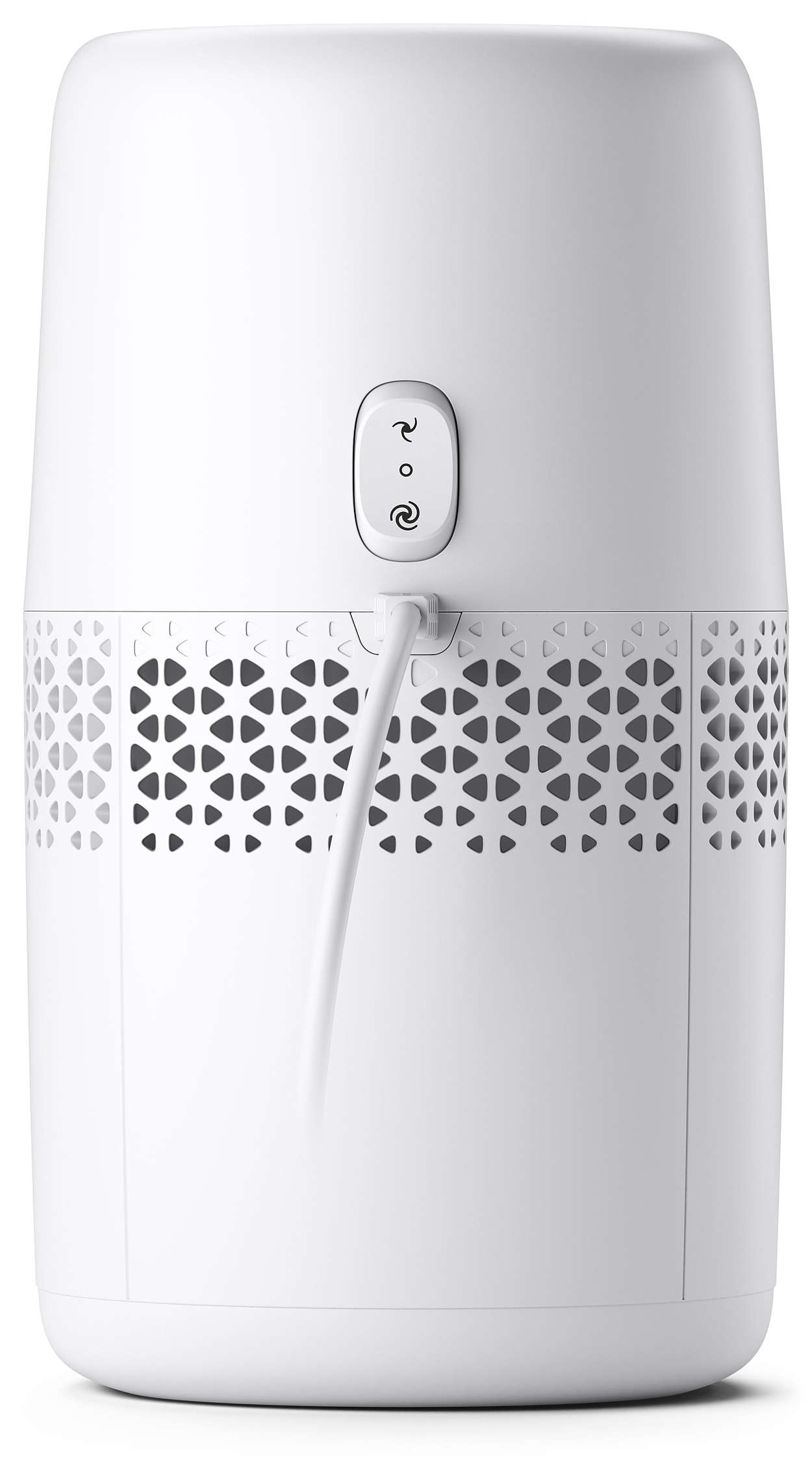 Beyaz Philips hava temizleyici. Bir ağ tasarımına ve bir güç kablosuna sahiptir.