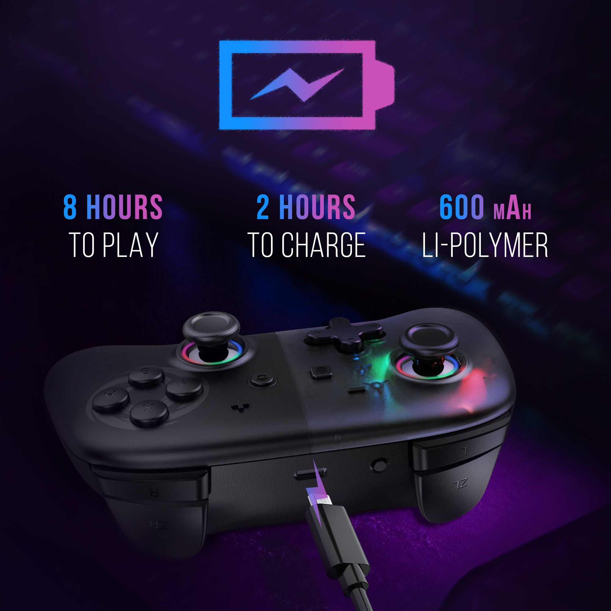 Mando de juego con cable de carga. Texto dice 8 horas de juego, 2 horas de carga y batería de 600mAh.