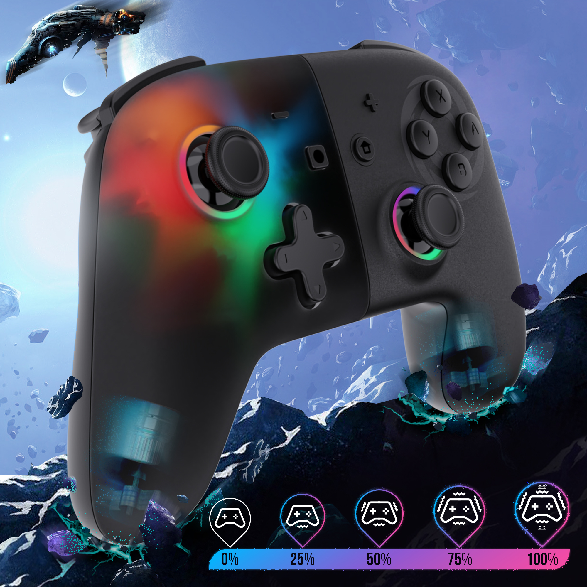 Mando de juego negro con luces de colores. Muestra el nivel de batería. Fondo espacial con nave.