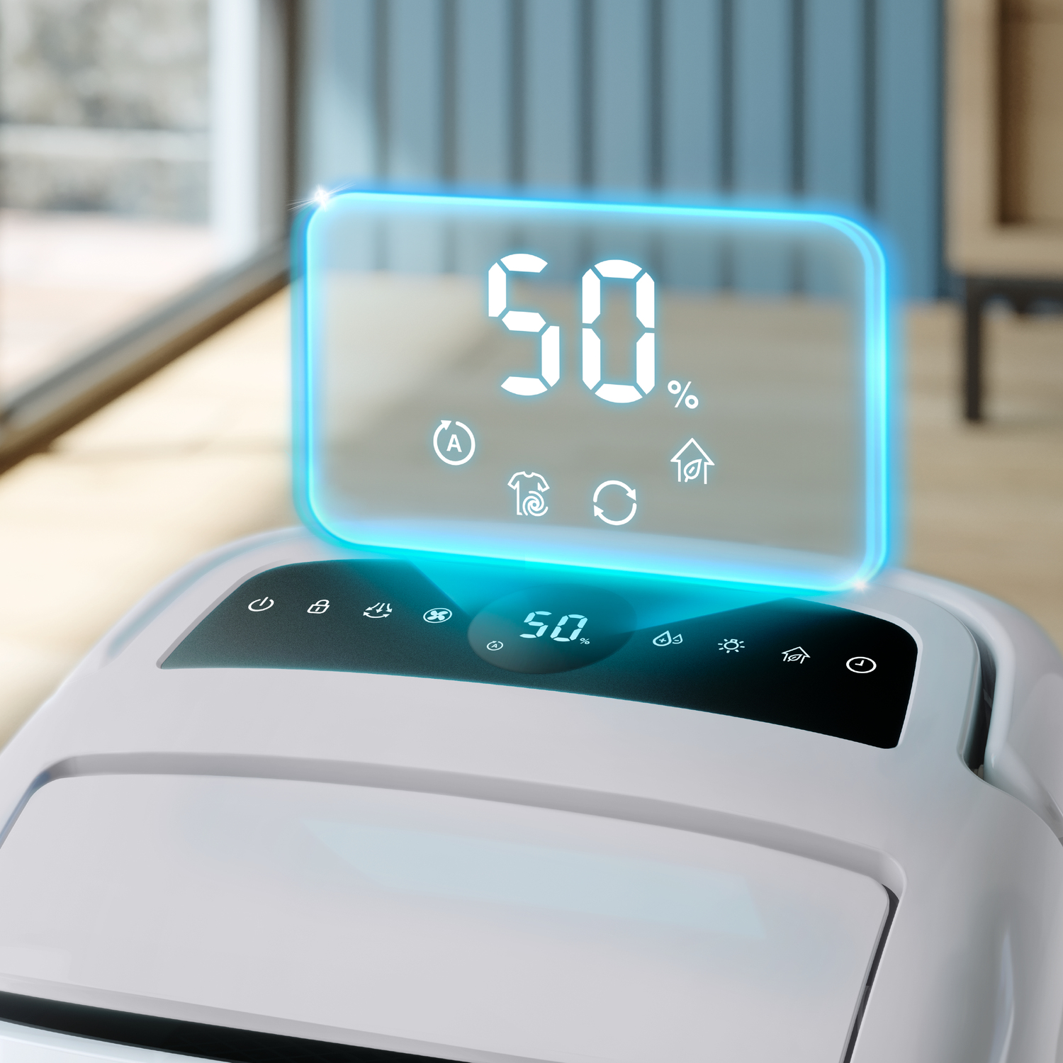 Zbliżenie wyświetlacza białego osuszacza powietrza pokazującego 50%. Wyświetlacz świeci na niebiesko.