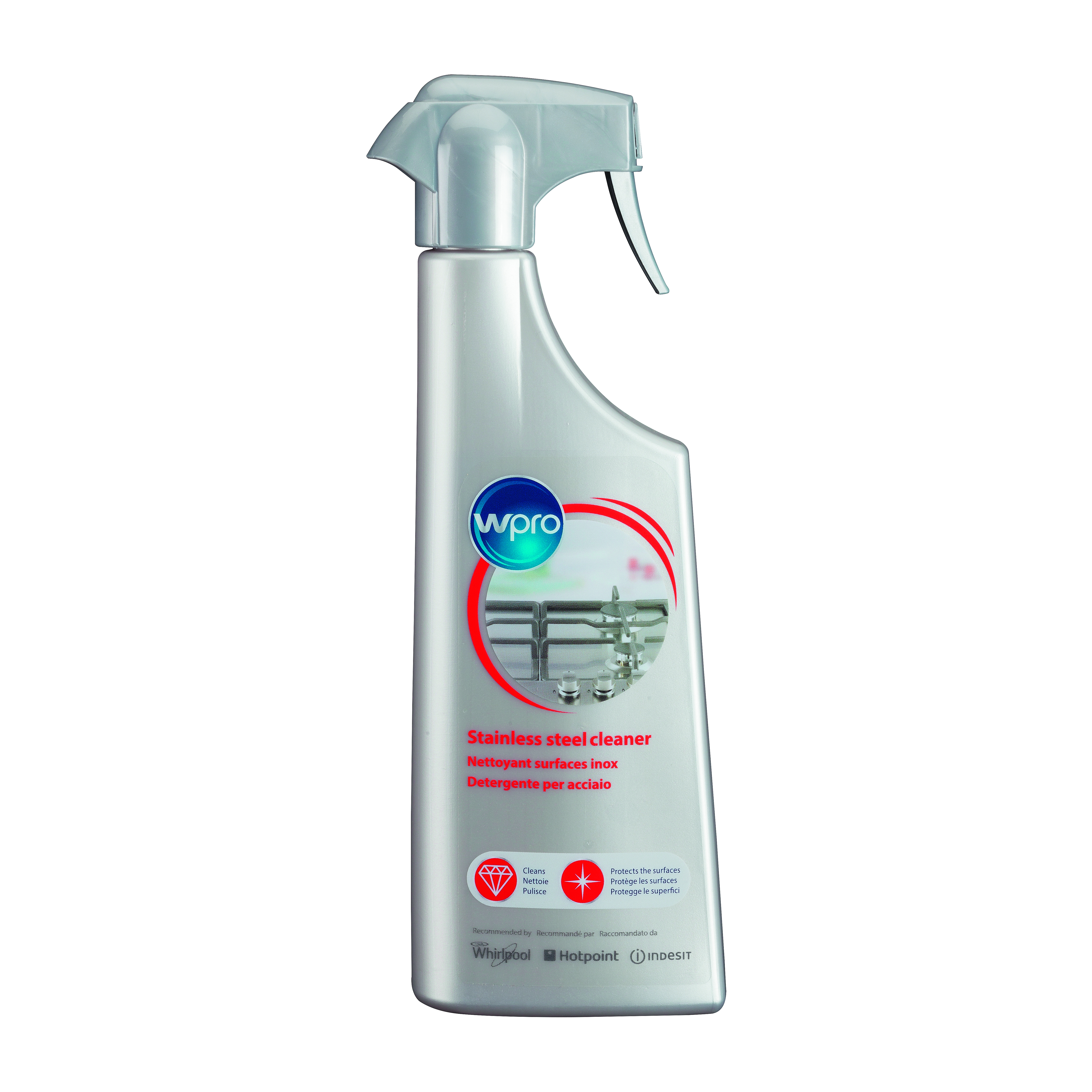 Flacone argentato di detergente per acciaio inox. Ugello spray. Marchio: wpro.