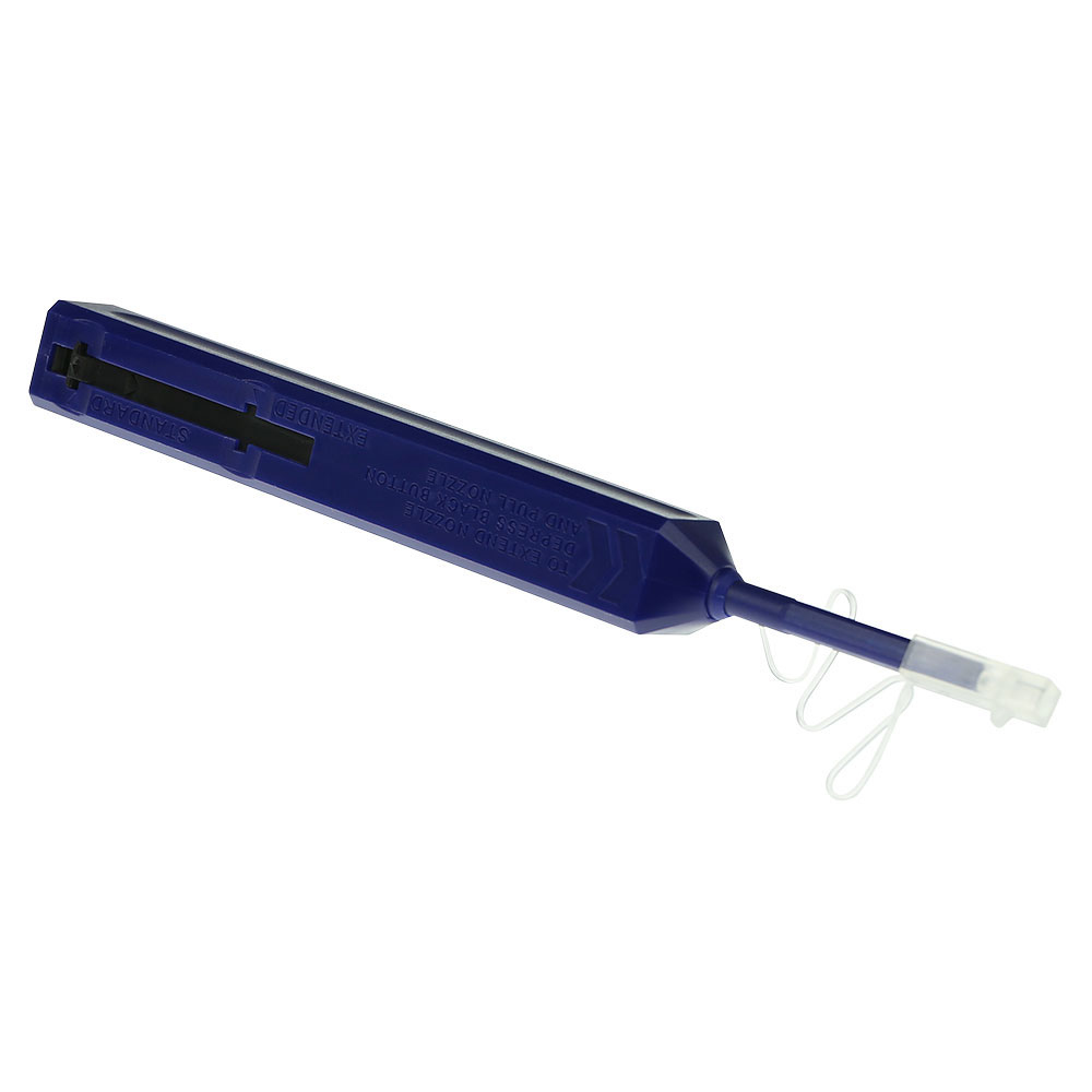 Strumento per la pulizia della fibra ottica blu, con punta e coperchio bianchi.