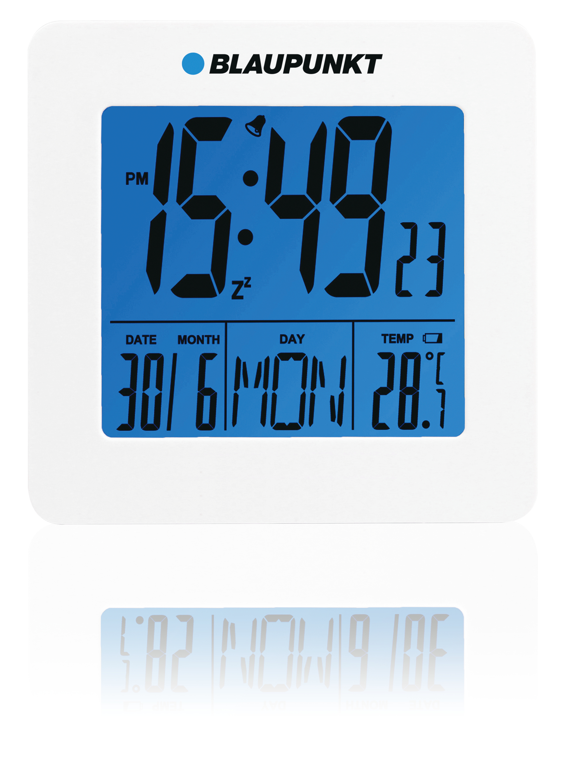 Blaupunkt Digitaluhr mit blauem Bildschirm, zeigt Zeit, Datum und Temperatur.