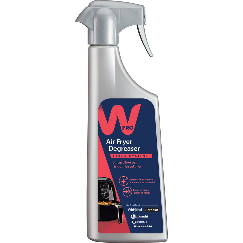 Flacone spray argento di Air Fryer Degreaser. Testo sull'etichetta e immagine di una friggitrice ad aria.